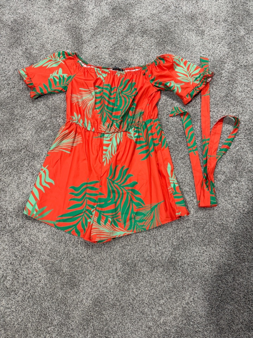 SHEIN Coral Off-Shoulder Romper with Green Leaf Print